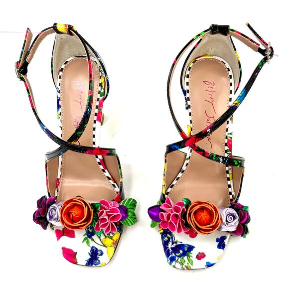 Betsey Johnson Mikah Floral Stiletto Sandals Heels Black Multi Size 5 NWT /Box - Picture 1 of 8
